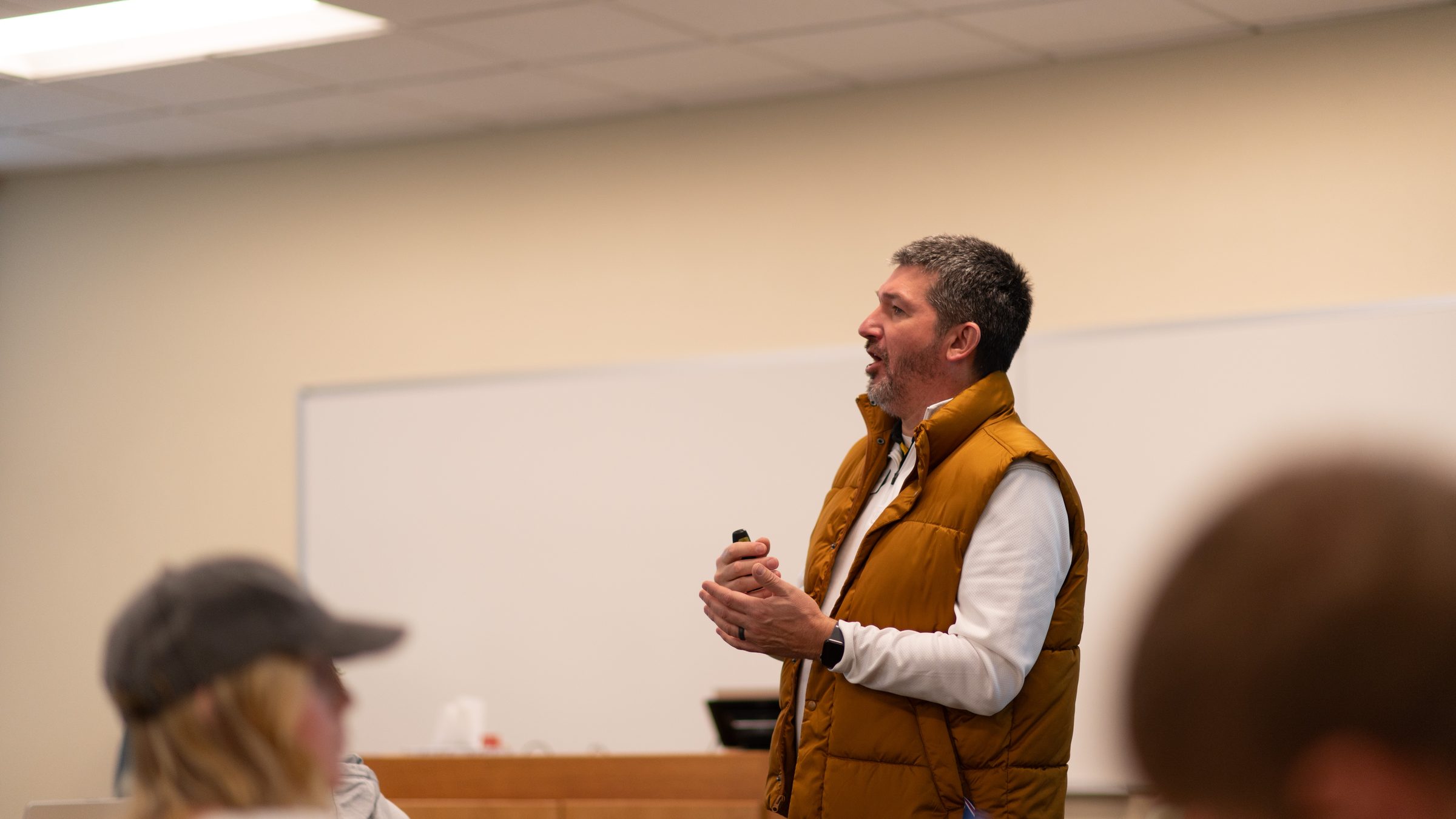 Matt Beimers speaking with a class from the front of the room